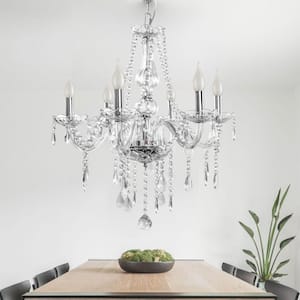 Candlestick Shape 6-Light Silver Crystal Chandelier Fixture with K9 Crystal Dangles