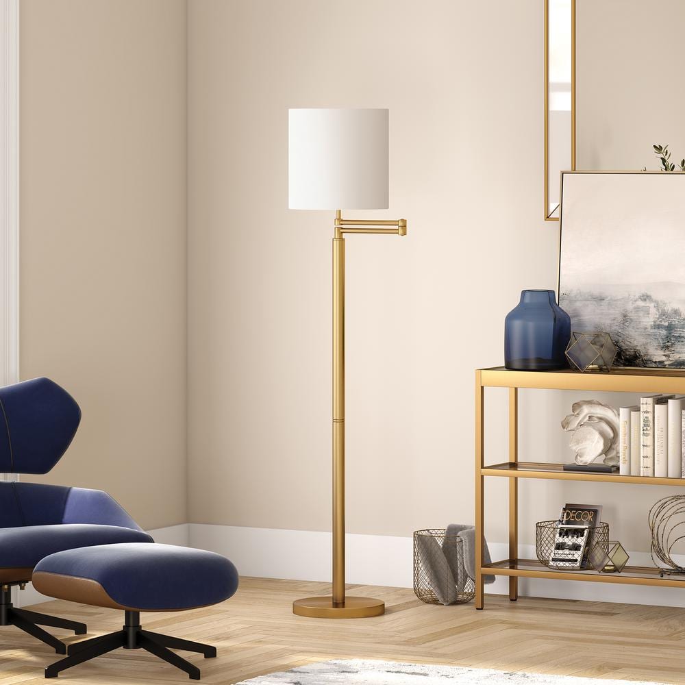 Antique Brass Adjustable Floor Lamp with White Linen Shade