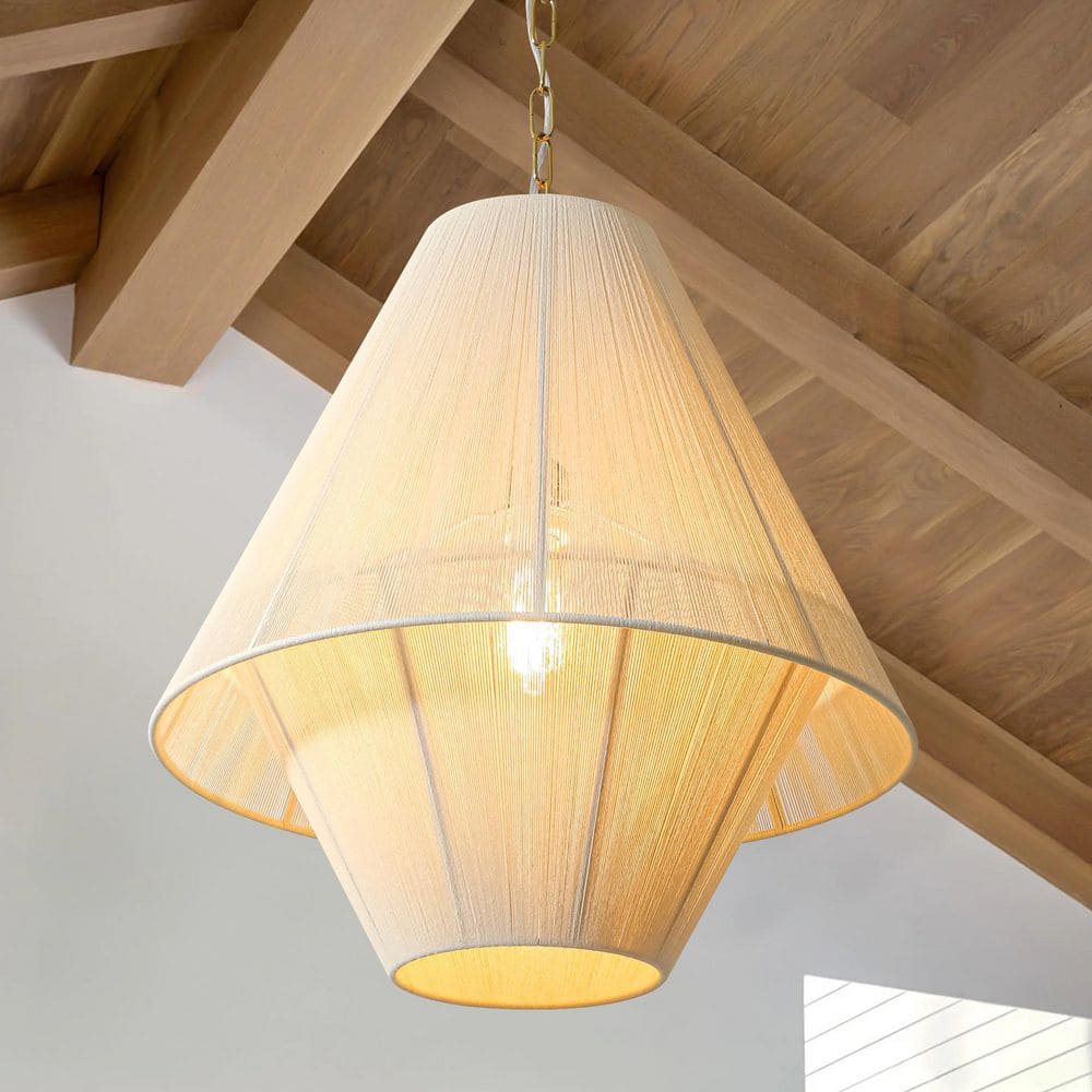 Wilbourn 1-Light 19.7 in. Modern Brass Double-Layer Cone Dimmable Pendant Light with Beige Fabric Shade price history on PriceWatchPro