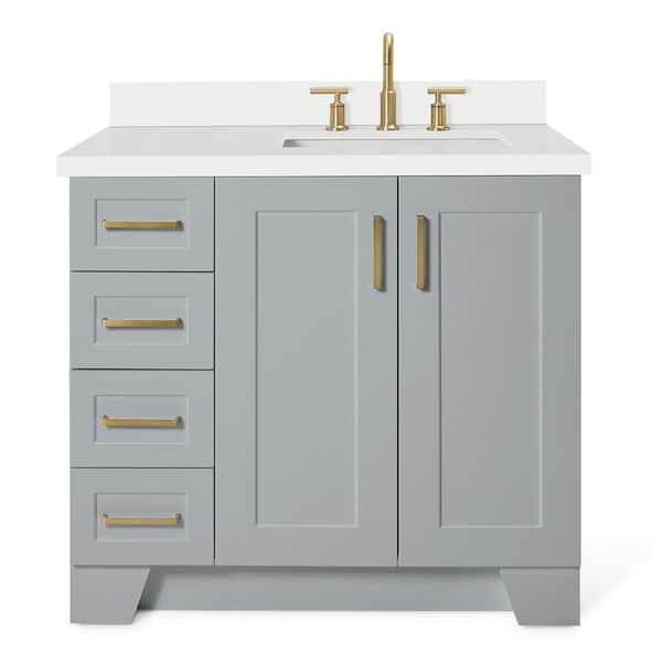 Taylor 37 in. W x 22 in. D x 36 in. H Freestanding Bath Vanity in Grey with Pure White Quartz Top