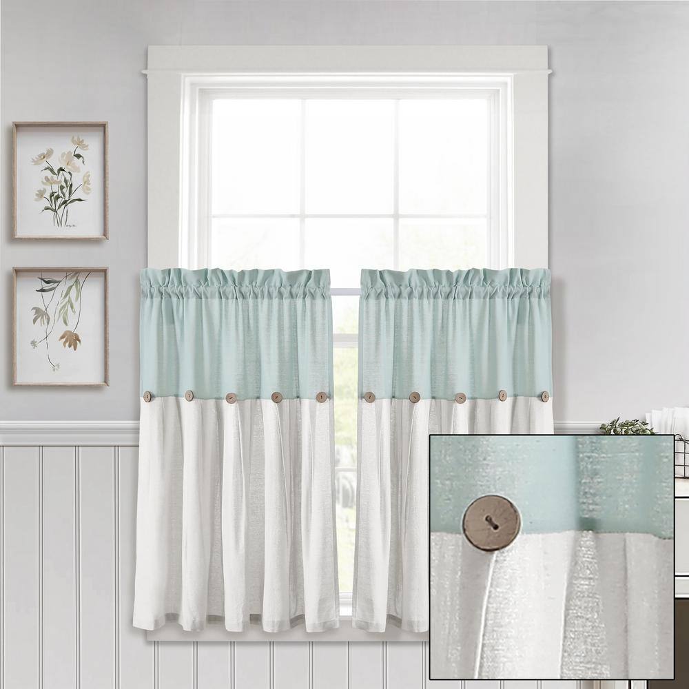 Blue and White Linen Button Kitchen Tier Curtains, 29" x 36"