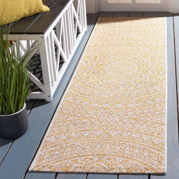 Courtyard Ivory/Gold 2 ft. x 8 ft. Medallion Indoor/Outdoor Runner Rug