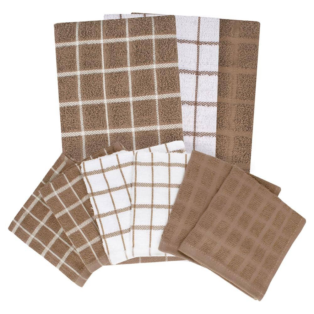 Mocha and White Cotton Terry Kitchen Towel and Dish Cloth Set