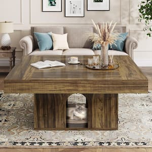 Inaayah 35 in. Rustic Brown Square MDF Coffee Table, Farmhouse Center Table Cocktail Table for Living Room