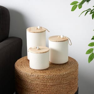 Cream Spotted Textured Decorative Canisters with Brown Wood Lids and Beaded Accents (Set of 3)