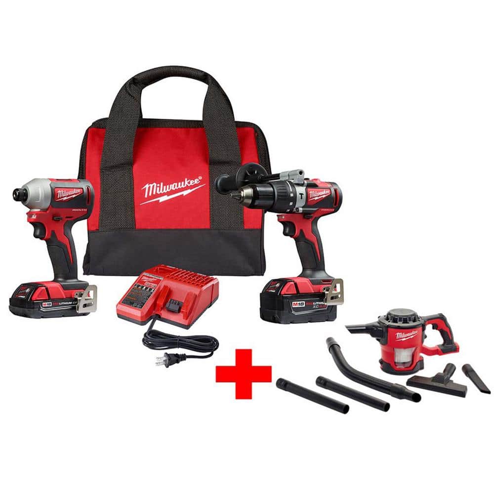 Milwaukee M18 18V Lithium-Ion Brushless Cordless Hammer Drill and Impact Combo Kit with Free M18 Compact Vacuum -  2893-22CX-0882