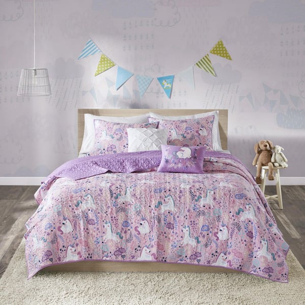 Ella 5-Piece Pink Full/Queen Unicorn Cotton Reversible Coverlet Set