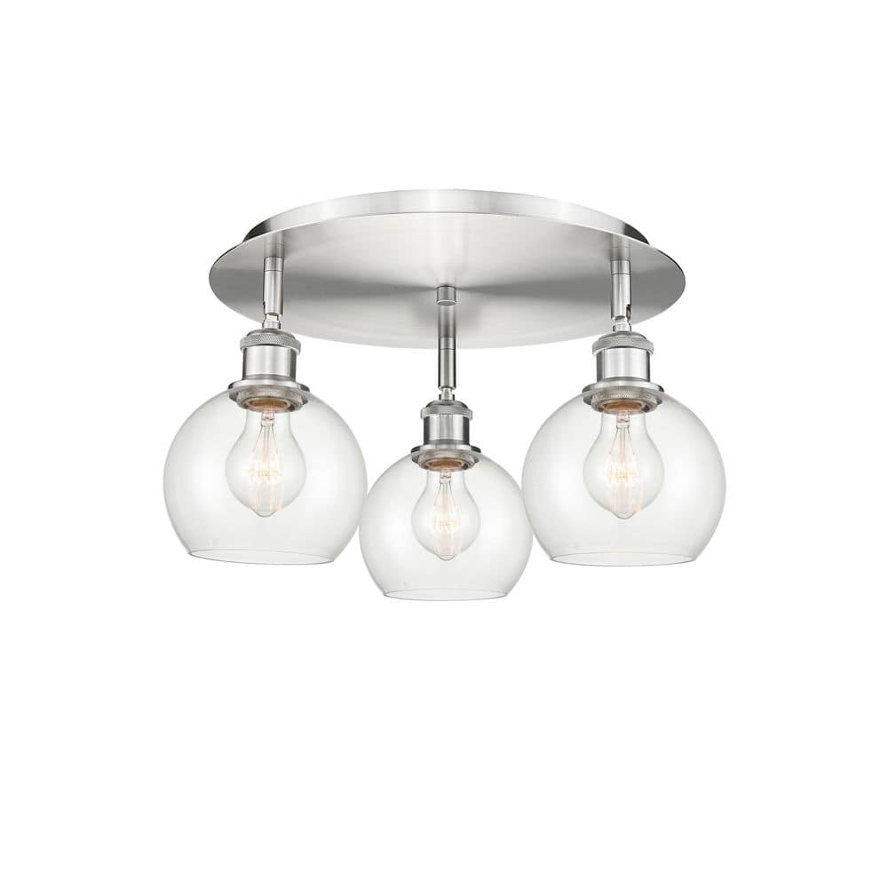 Athens 17.75 in. 3-Light Satin Nickel Industrial Flush Mount with Clear Glass Shade price history on PriceWatchPro