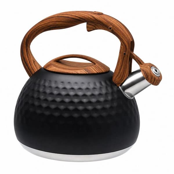 3.1 qt. 12-Cup Stainless Steel Whistling Induction Stovetop Tea Kettle with Wood Pattern Handle in Black