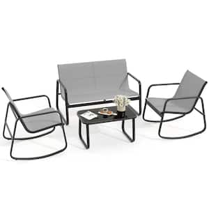 4-Piece Patio Outdoor Furniture Bistro Set with 1 Loveseat 2 Rocking Bistro Chairs and Glass Table