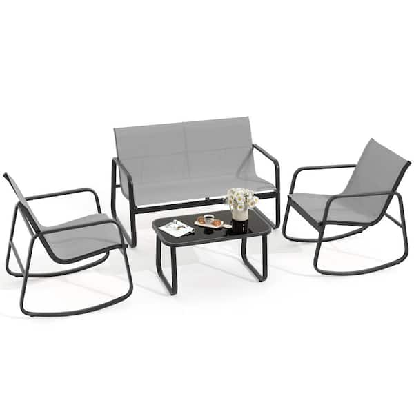 DEXTRUS 4-Piece Patio Outdoor Furniture Bistro Set with 1 Loveseat 2 Rocking Bistro Chairs and Glass Table