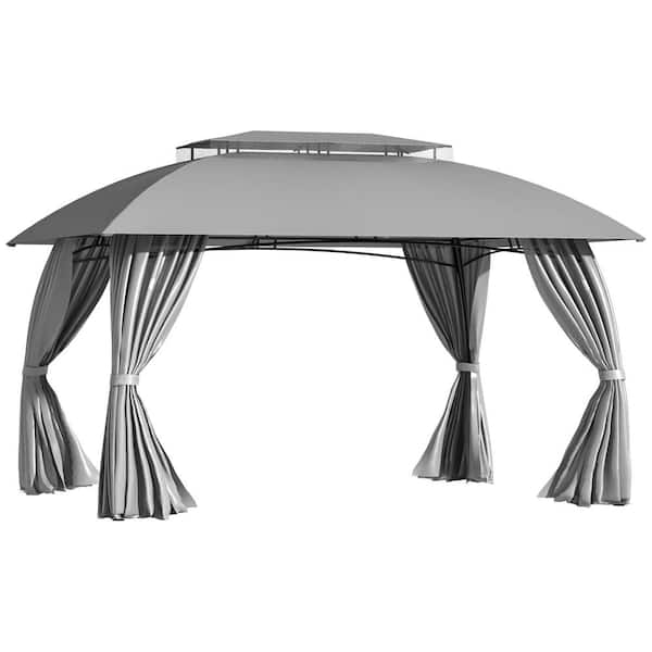 Zeus & Ruta 10 ft. x 13 ft. Gray Steel Metal Frame Double Vented Roof Patio Gazebo Canopy, with Sidewalls for Garden, Lawn, Deck