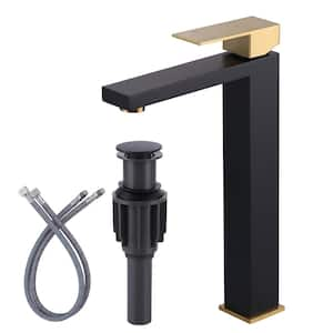 Single Handle Single Hole Bathroom Faucet with Drain Kit and Supply Lines included in Black and Gold