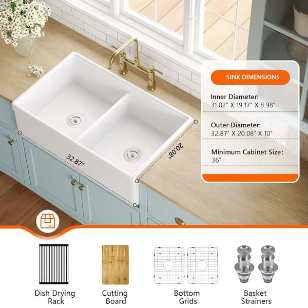 33 in. Fireclay Double Bowl Farmhouse Apron Undermount Workstation Kitchen Sink in White with Accessories