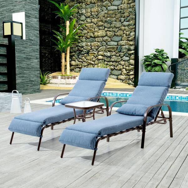 Pellebant 3-Piece Metal Adjustable Outdoor Chaise Lounge with Dark Blue Cushions and Table Set