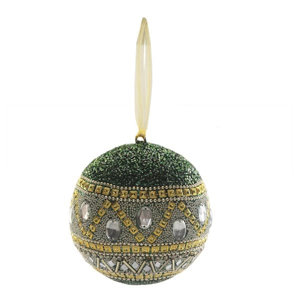 Unbranded Glistening Green and Gold Faverge Handcrafted Globe Christmas Ornament (4-Pack)