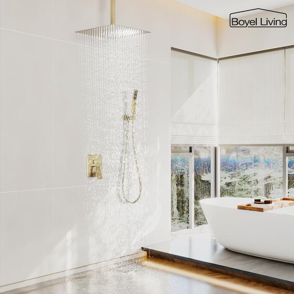 1-Spray Patterns with 2.5 GPM 16 in. Ceiling Mount Dual Shower Heads with Pressure Balance Valve in Brushed Gold