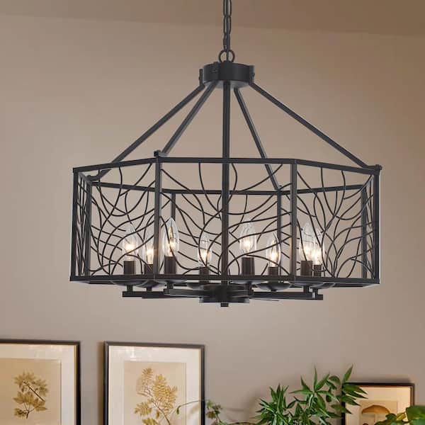 Industrial Farmhouse 8-Light Black Candlestick Geometric Chandelier with Metal Cage Shade