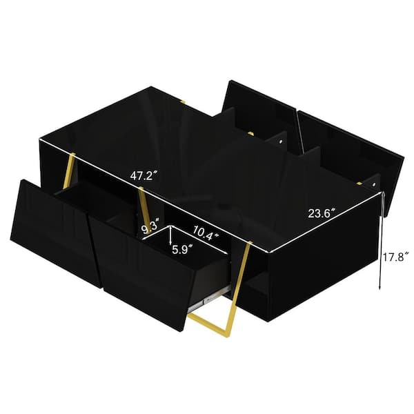 47.2 in. Black/Gold Rectangle MDF Wood Coffee Table with 4 drawers, Storage and Gold Base