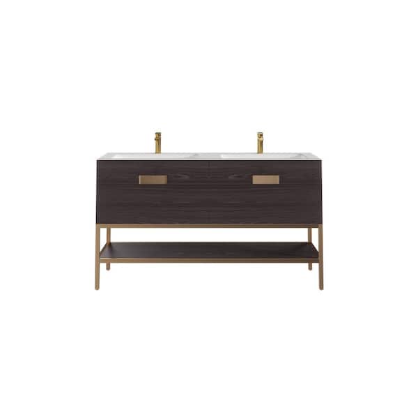 Eviva Iris 35 in. W. x 22 in. D x 33.5 in. H Oak Freestanding Bathroom Vanity with White Solid Surface Integrated Sink Top