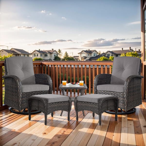 Brown 5-Piece Wicker Patio Conversation Set with Swivel Rockers, Balcony Conversation Set with Gray Cushions