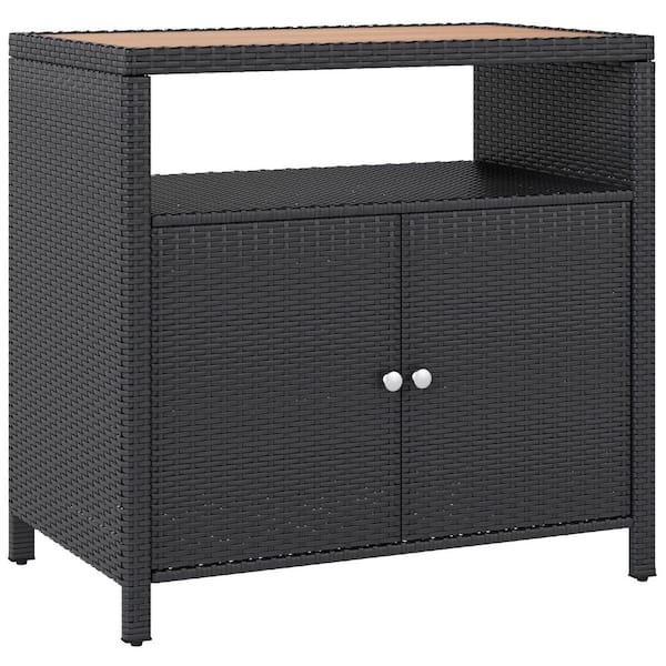 35 in. W x 21 in. D x 34 in. Black Wicker Outdoor Storage Cabinet, Rattan Outdoor Bar Table with Acacia Wood Countertop