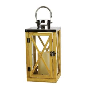 13.5 in. Rustic Wood and Stainless Steel Lantern with LED Flameless Pillar Candle with Timer