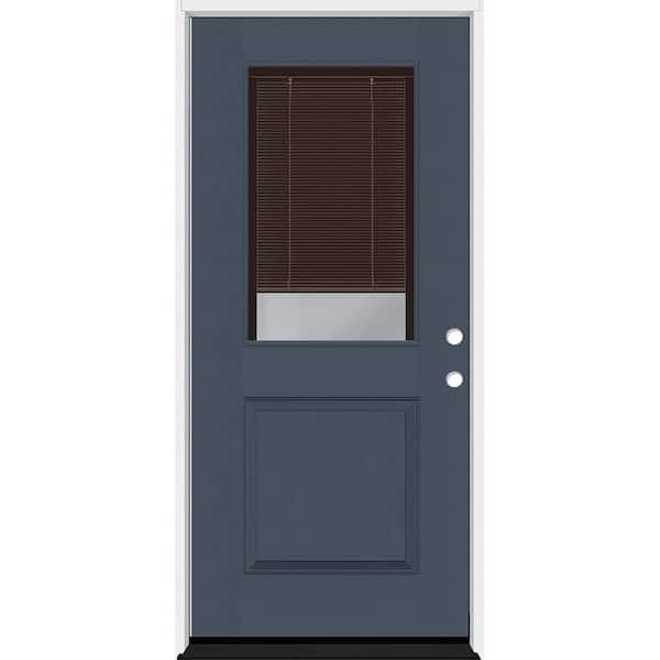 Steves & Sons Legacy 36 in. x 80 in. 1/2 Lite Clear Glass Mocha Miniblind LHIS Dark Denim Fiberglass Prehung Door w/6-9/16 in. Jamb