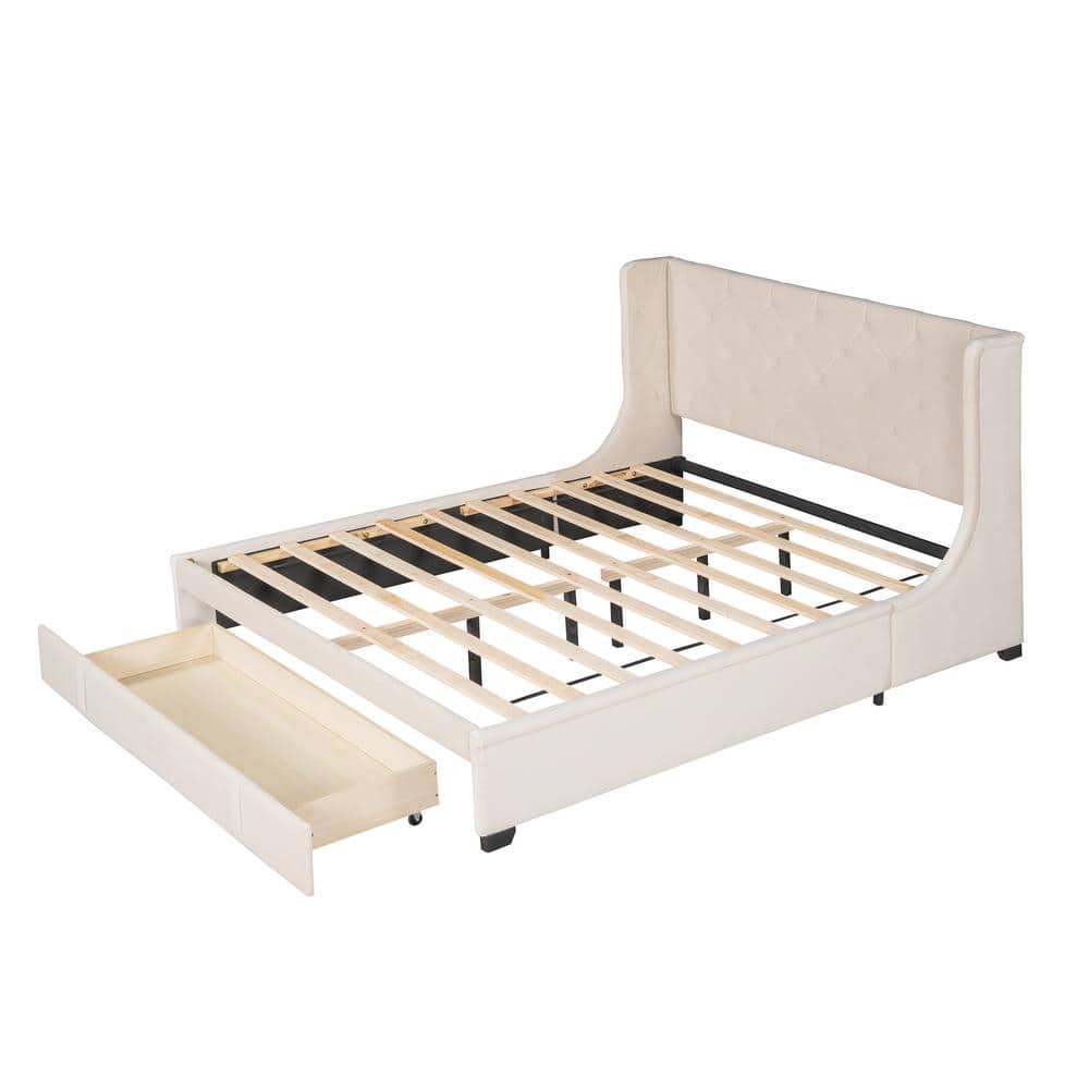 Beige Velvet Upholstered Queen Platform Bed with Storage Drawer