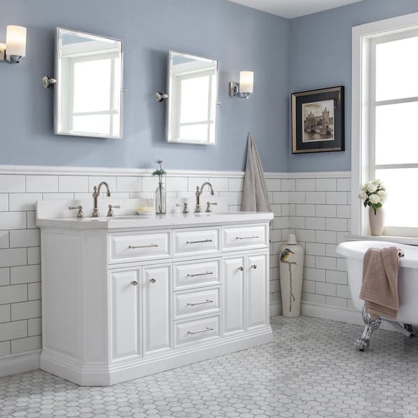Palace 60 in. W x 22 in. D x 34 in. H Double Sink Bath Vanity in Pure White with Carrara White Quartz Top and Faucets