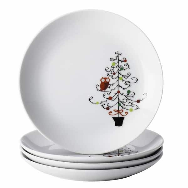 Rachael Ray Dinnerware 4-Piece Appetizer Plate Set in Hoot's Decorated Tree with Tree Pattern
