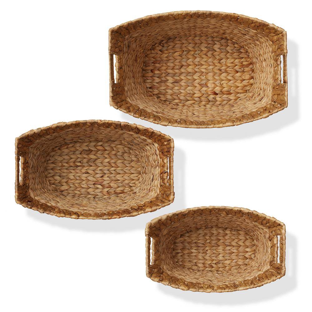 Set of 3 Natural Water Hyacinth Oval Storage Baskets with Handles