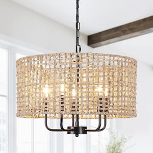 Nevarez 18.9 in. 5-Light Black Bohemian Pendant Natural Rattan Dimmable Chandelier with Hand Woven Drum Shade