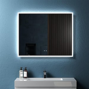 39.4 in. W x 31.5 in. H LED Backlit Anti-Fog Rectangular Frosted Glass Framed Wall Bathroom Vanity Mirror in White