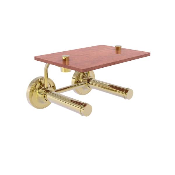 Allied Brass Prestige Regal Collection Wall Mounted Toilet Paper Holder in Unlacquered Brass with Wood Shelf