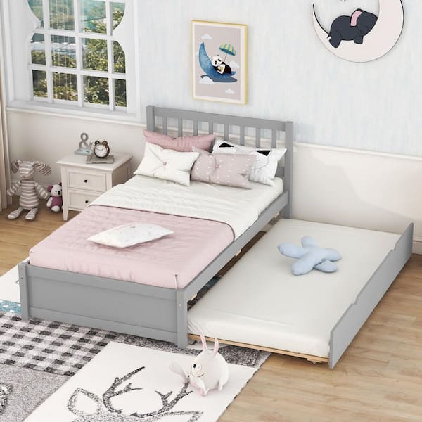 Qualler Gray Wood Frame Twin Size Platform Bed with Trundle