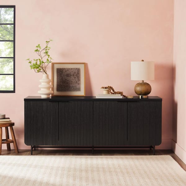 Walker Edison Furniture Company Black Wood and Metal 69 in. Modern Reeded 4-Door Sideboard
