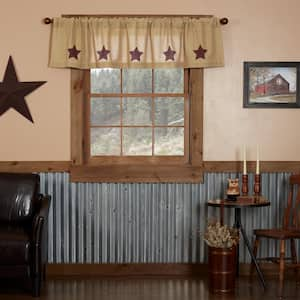 Burlap Natural Stars 72in. W x 16in. L Cotton Straight Edge Rod Pocket Farmhouse Kitchen Curtain Valance in Burgundy Tan