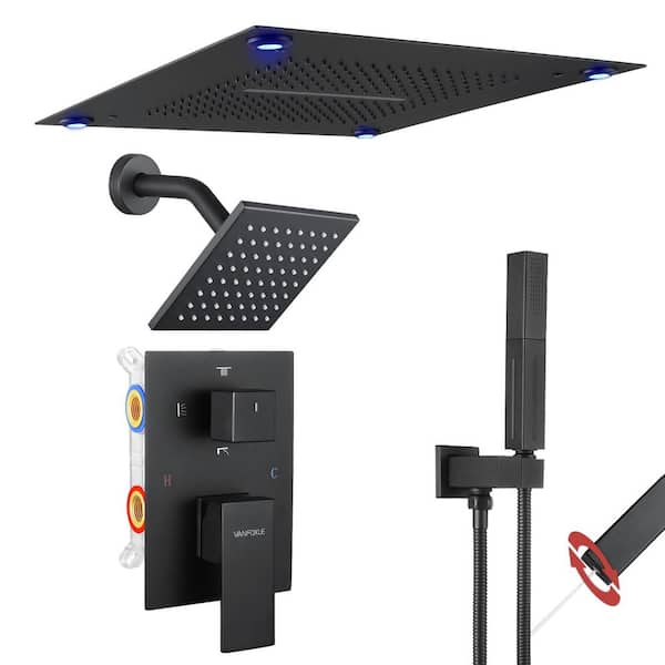 Single Handle 5-Spray Shower Faucet 1.8 GPM 16 in. LED Square Ceiling Mounted with Pressure Balance in. Matte Black