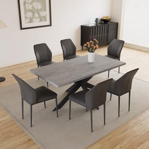 Modern 7-Piece Extendable Rectangle Gray MDF Top Dining Room Set Seating 4-6 People 66.9 in. with 6-Black Chairs