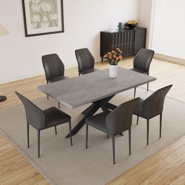 GOJANE Modern 7-Piece Extendable Rectangle Gray MDF Top Dining Room Set ...