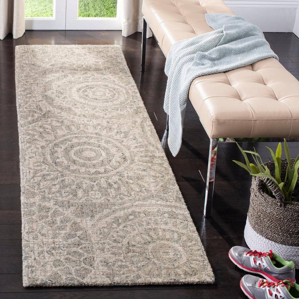 Ivory and Grey Handmade Wool Abstract Tufted Runner Rug