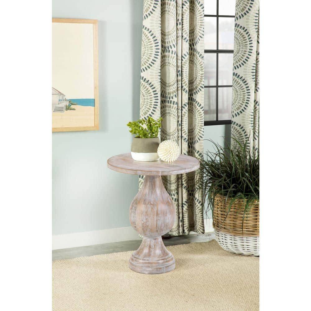 White Washed Mango Wood Round Pedestal Accent Table
