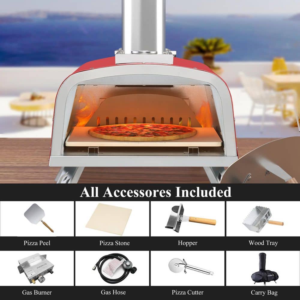 12" Red Stainless Steel Outdoor Gas and Wood Pizza Oven