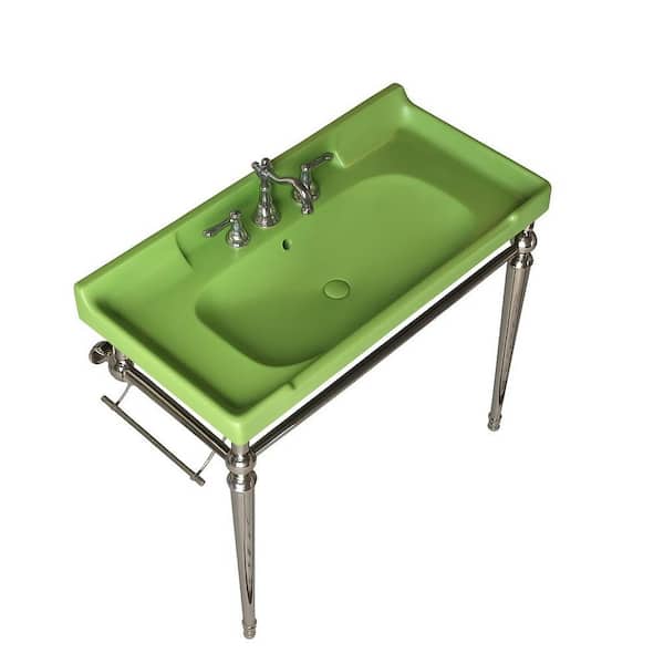 36 in. Vessel Bathroom Sink 18.5 in. in Green Ceramic with Chrome Stainless Steel Legs, No Faucet