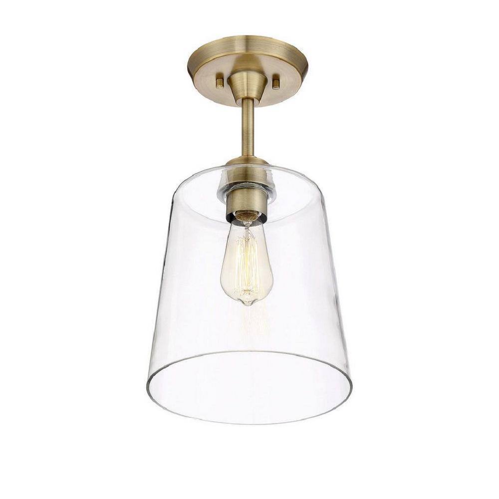 Meridian Clear Glass & Natural Brass 1-Light Semi-Flush Mount