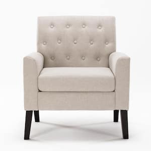 Beige Linen and Walnut Legs Mid Century Modern Button Tufted Accent Chair