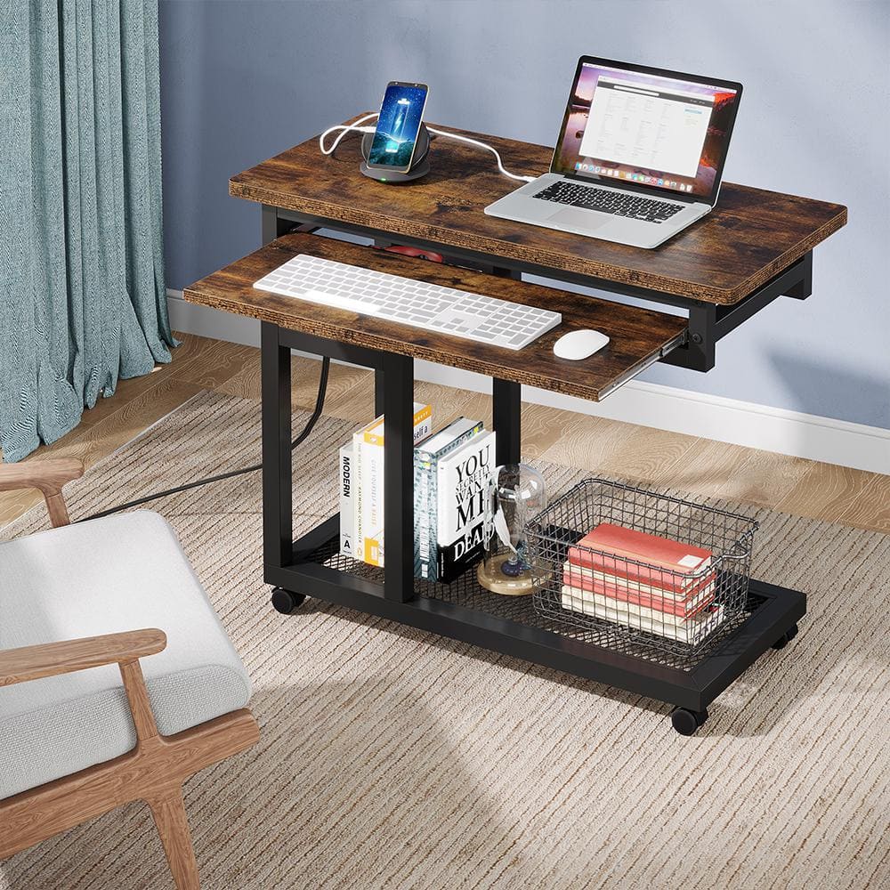 Kerlin 31.5 in. Rustic Brown Adjustable C-Shaped End Table with Power Outlets and Wheels