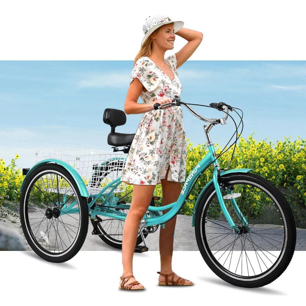 MOONCOOL Adult Tricycle Bike, Upgarded Wider 7-Speed 26 in. 3-Wheel Bike Cruise Trike, Low Step-Through with Cargo Basket, Beige/Cream