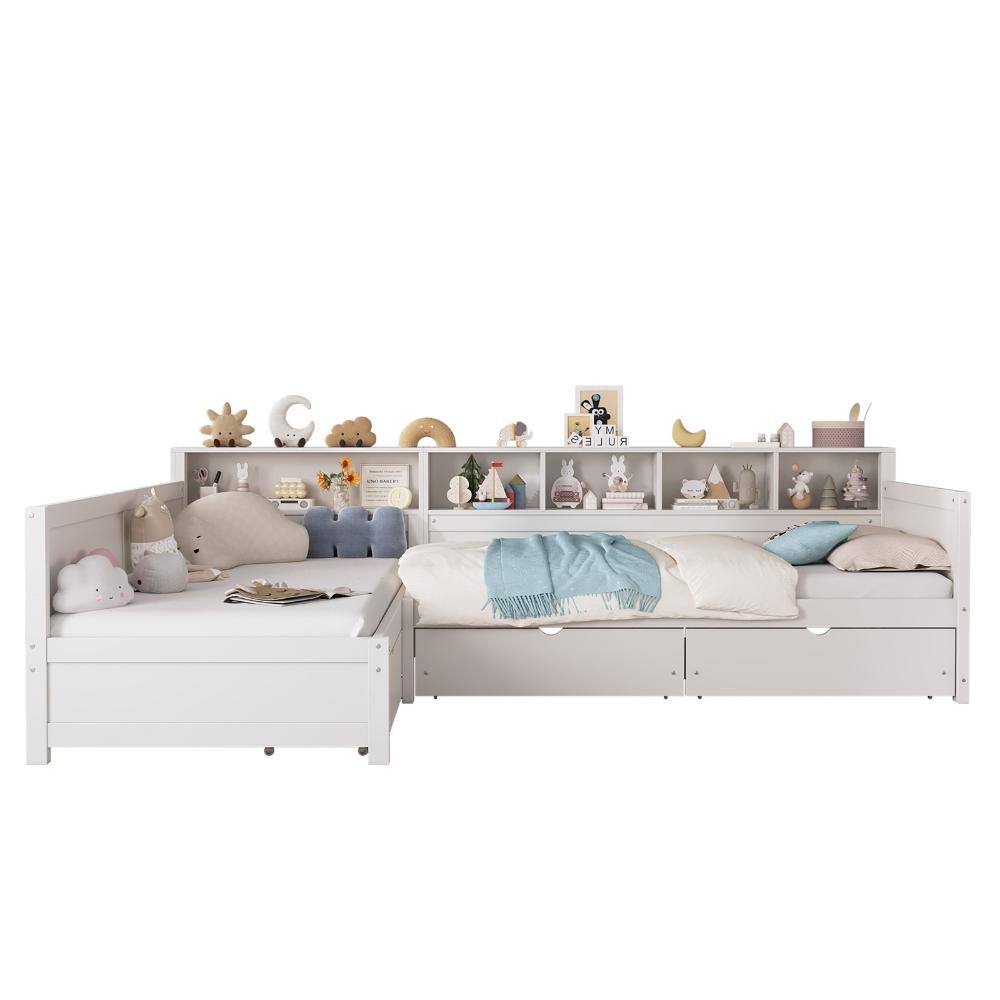 White Twin Daybed with 3 Drawers and Bookshelf, L-Shape Wooden Corner Bed Frame for Bedroom, Living Room price history on PriceWatchPro